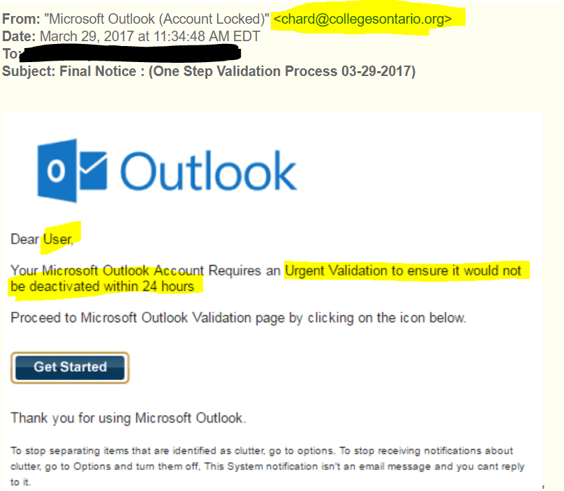 Microsoft Phishing Email Example