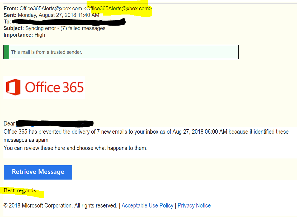 Microsoft Phishing Email Example