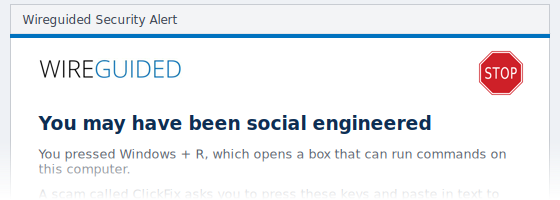 The top of the ClickFix Shield alert window, reading You may have been social engineered