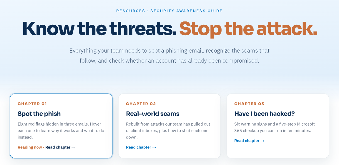 The Security Awareness Guide landing page with its chapters, Spot the phish and Real-world scams