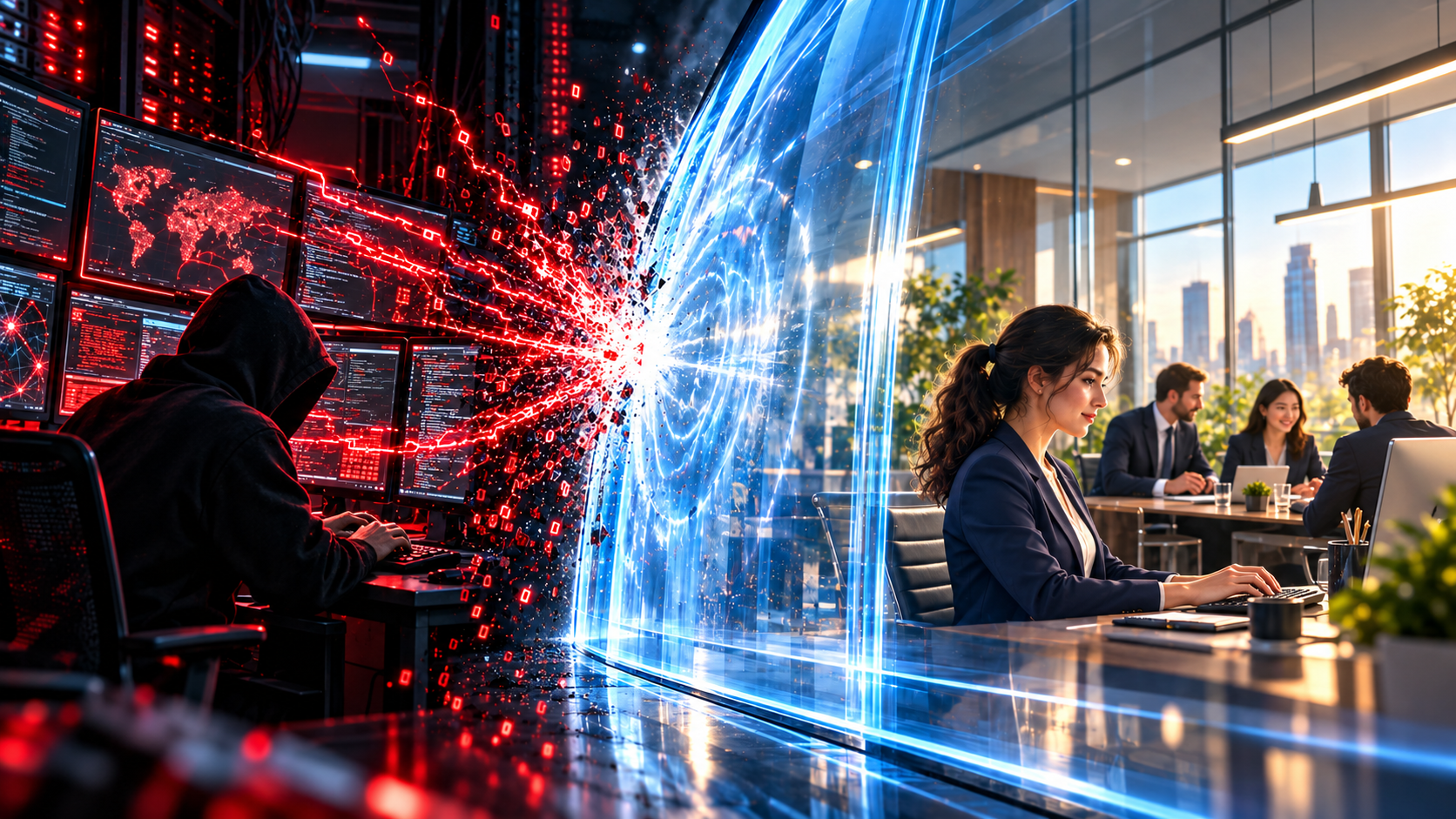 A hacker's red attack shatters against a glowing blue shield protecting an office team working calmly at their desks