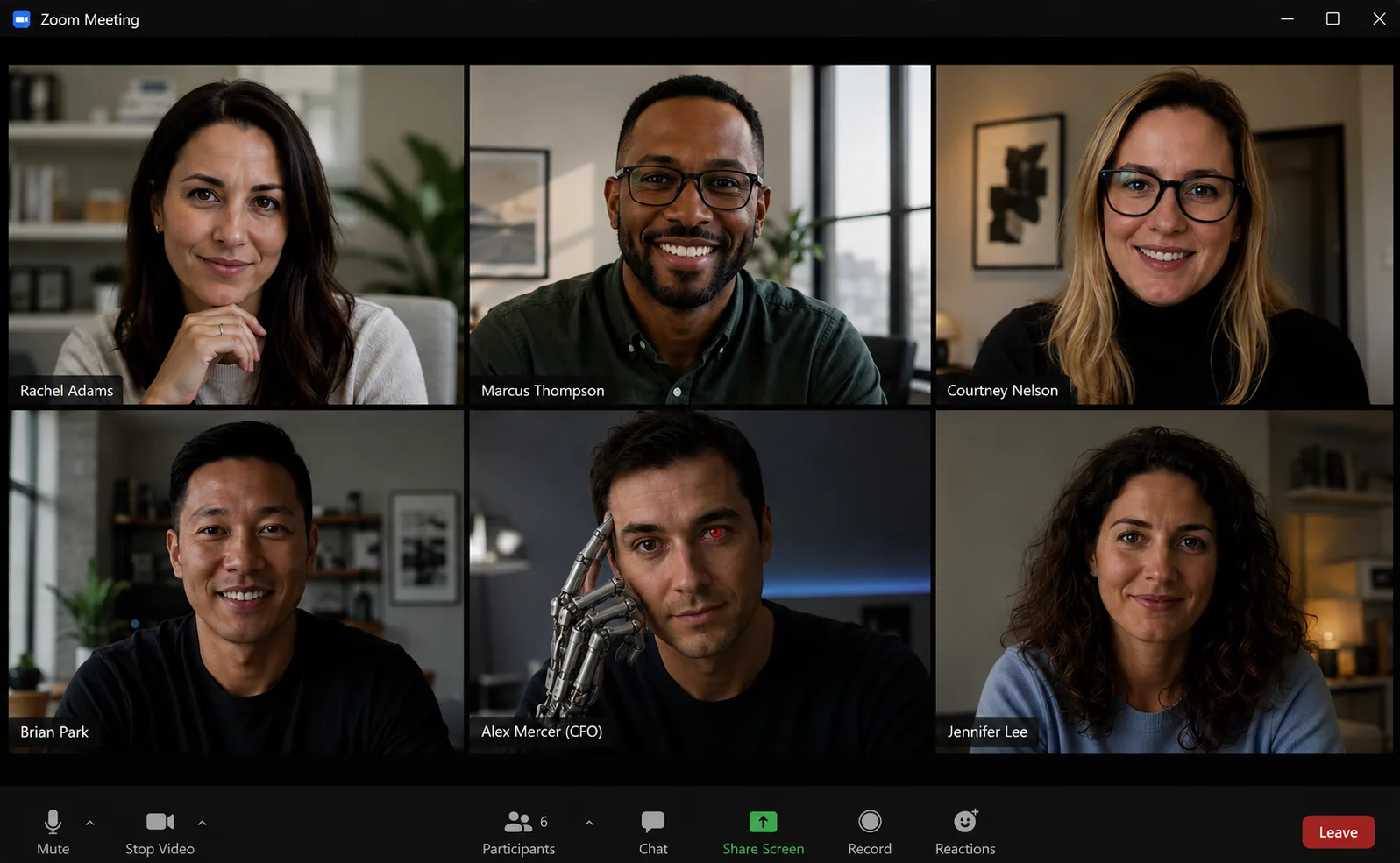 Video meeting with six participants; the CFO tile is an AI impersonation