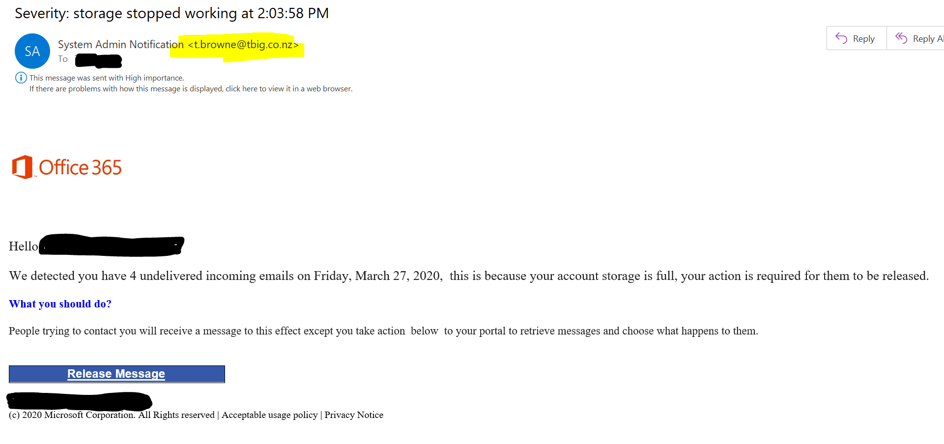 Microsoft Phishing Email Example