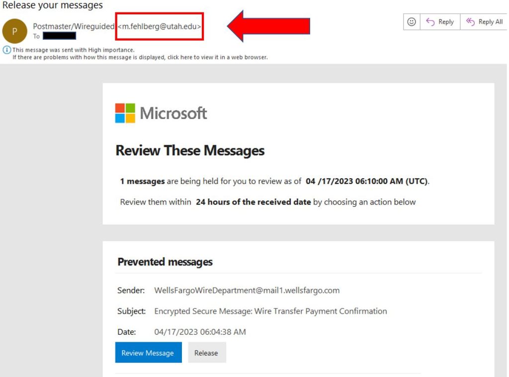 Example of phishing email using a spoofed hacked account