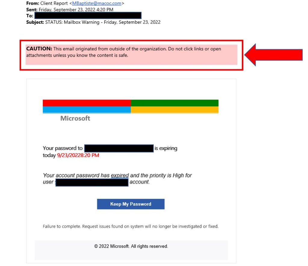 Sample Phishing email with external email warning banner.
